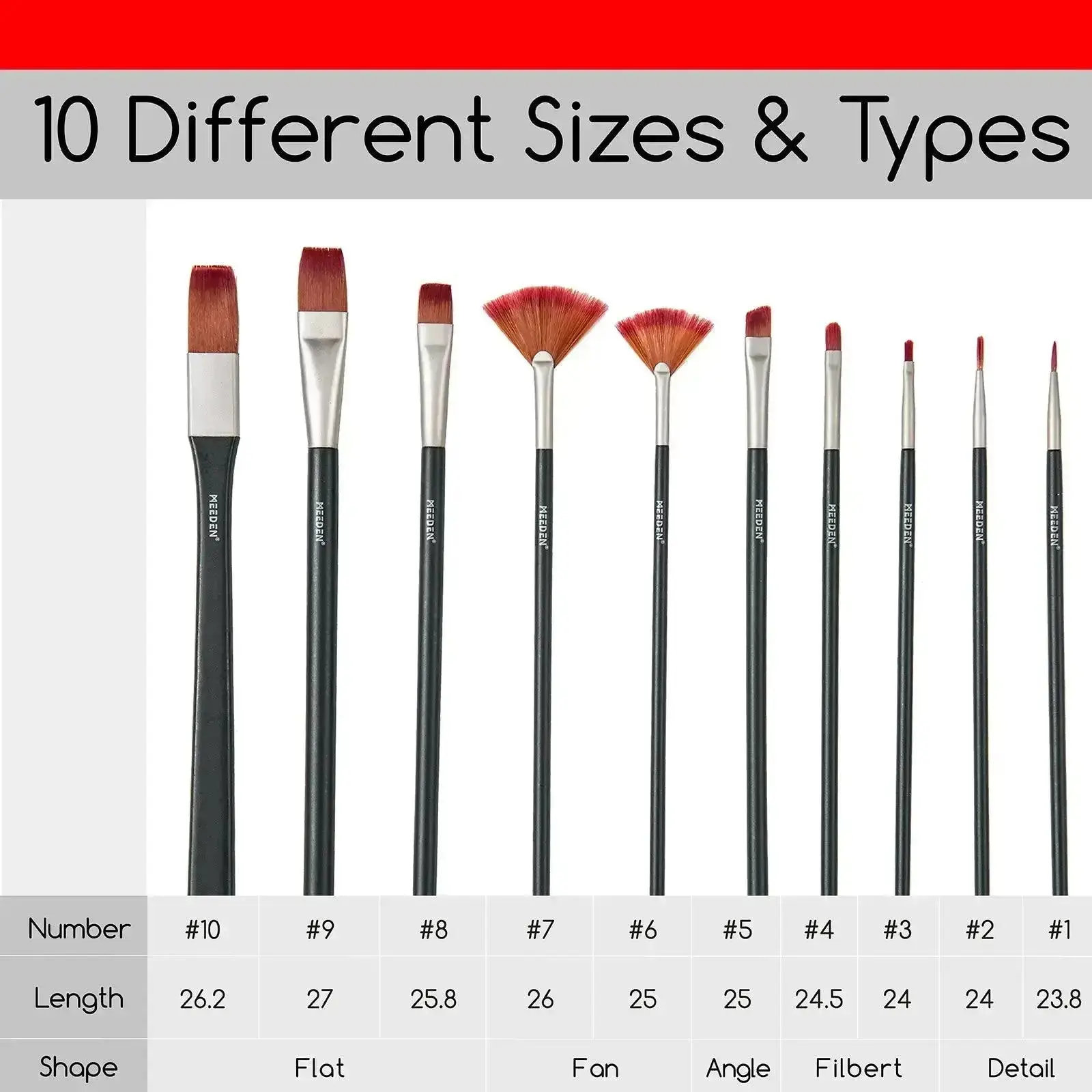 MEEDEN Acrylic Paint Brushes, 10 Pieces - Image 3