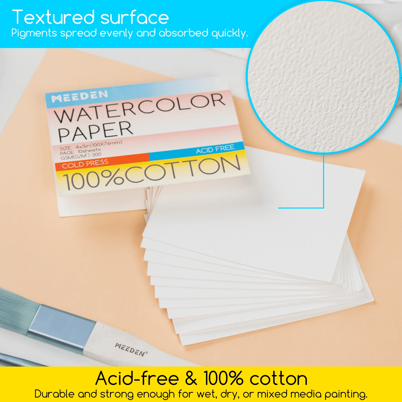 MEEDEN Cold Press Watercolor Paper Pad , 4×3", 5×10 Sheets - Image 3