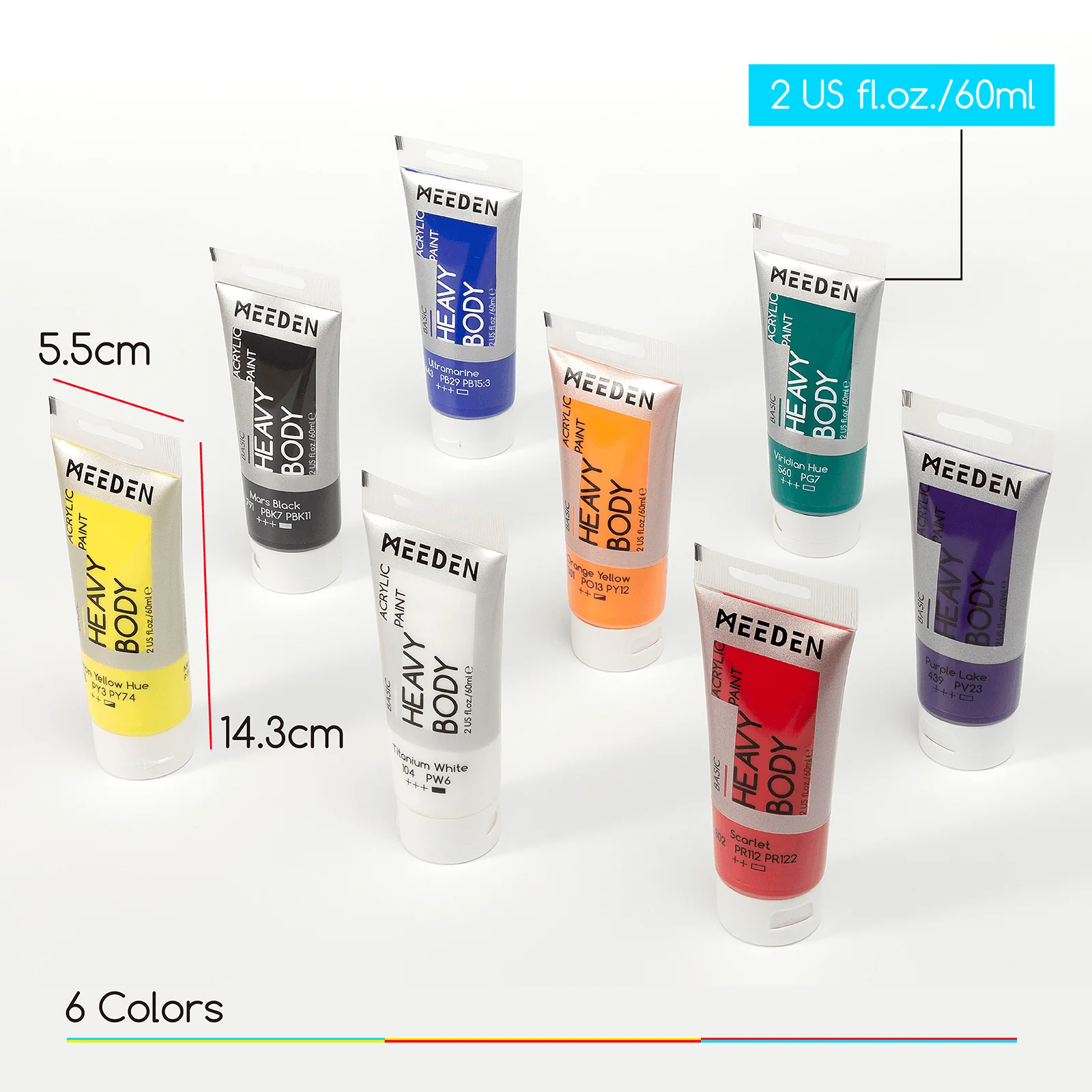 MEEDEN Heavy Body Acrylic Paint 6 Basic Colors, 60ml - Image 3