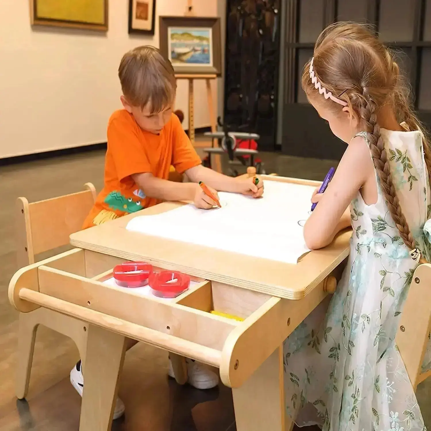 MEEDEN Kids Art Table, Solid Birch Wood Kids Table & Chair Set with Paper Roll - Image 3